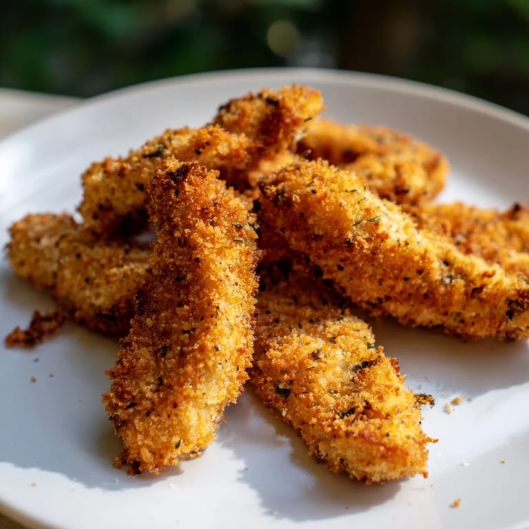 Perfectly baked Crispy Panko Chicken Strips arranged with a small bowl of honey mustard dip and fresh parsley garnish.