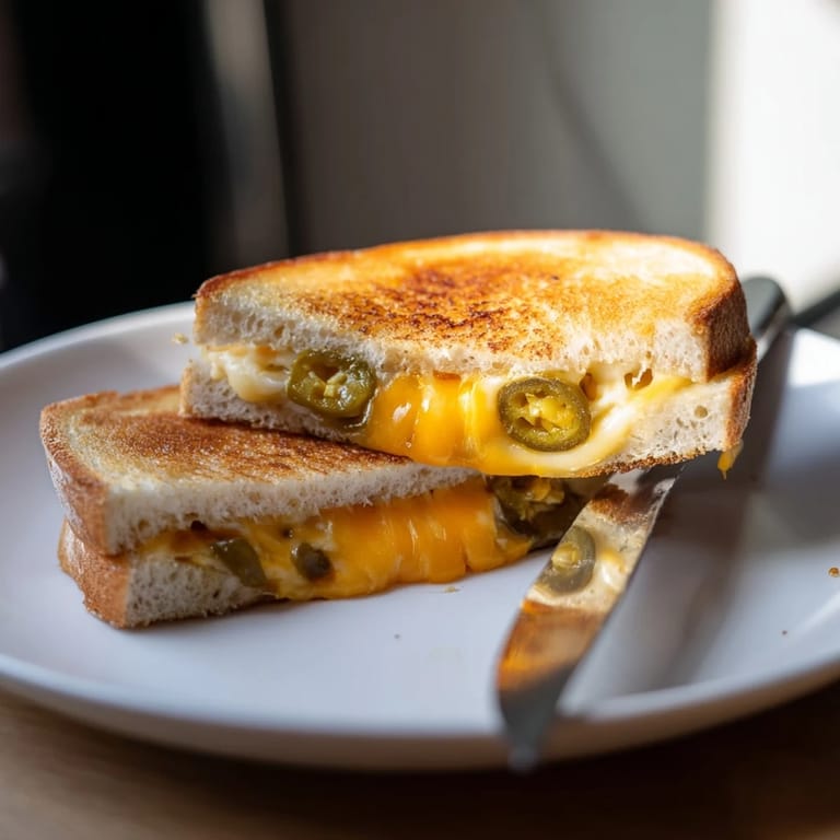 Warm slices of Cheddar Jalapeño Grilled Cheese show melted cheese oozing from between crispy sourdough bread, perfect for a spicy lunch.