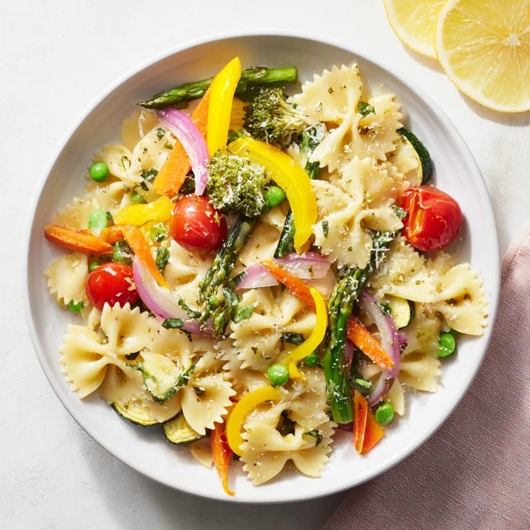A close-up of vegetarian pasta primavera shows vibrant red peppers, yellow squash, and green broccoli on a rustic wooden table for serving.