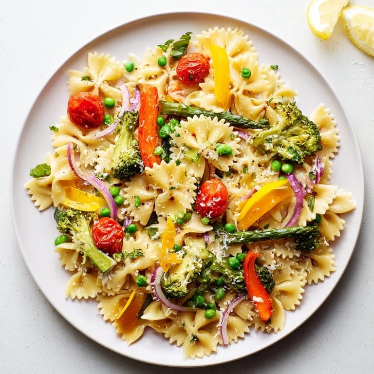 Savory Rainbow Veggie Pasta Primavera in a skillet, garnished with basil and Parmesan, ready for a healthy weeknight Italian-American dinner.