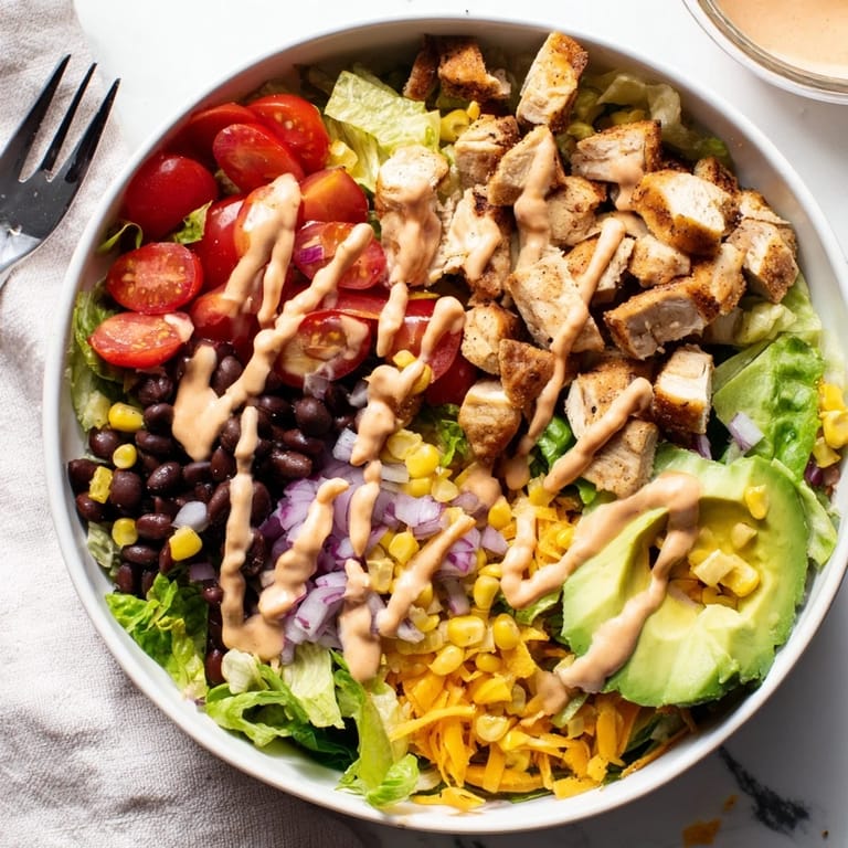 Chicken Taco Chopped Salad in a rustic bowl, ready to serve with lime wedges and creamy salsa ranch drizzled over the top.