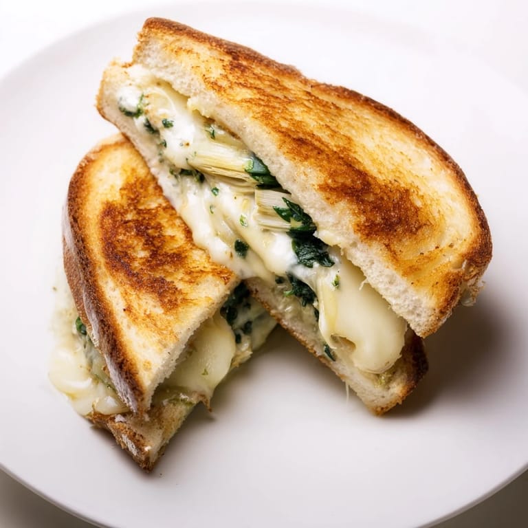 Two halves of a toasted artichoke spinach grilled cheese sit on a plate, revealing a green-flecked, cheesy filling.