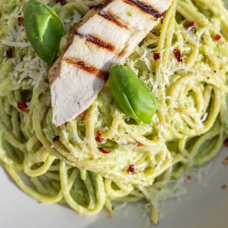 A close-up of creamy avocado chicken pasta on a rustic wooden table, highlighting the smooth green sauce and tender chicken.
