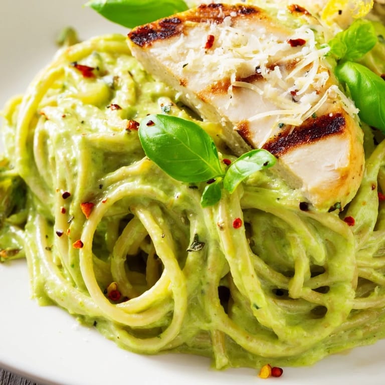 Creamy avocado chicken pasta tossed with al dente spaghetti, topped with grated Parmesan and vibrant red pepper flakes.