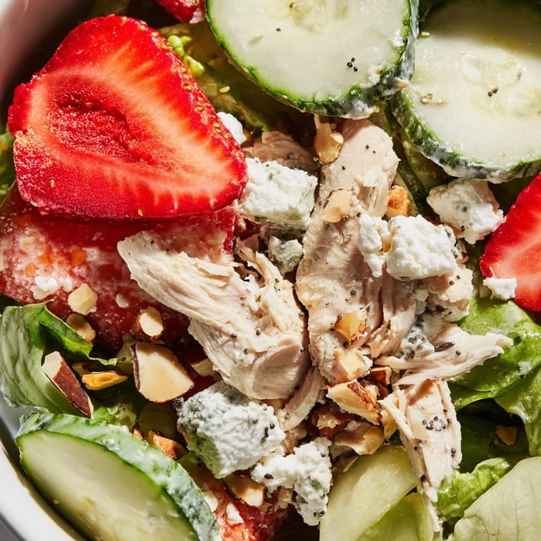 Freshly sliced strawberries and toasted almonds top this colorful Strawberry Poppy Seed Chicken Salad served on a bed of greens.