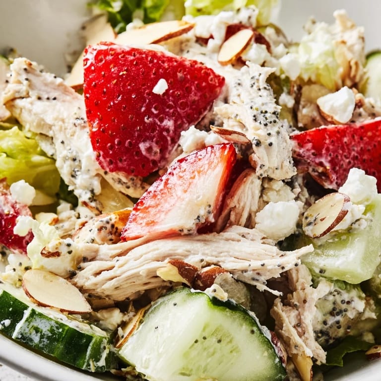 This easy Strawberry Poppy Seed Chicken Salad features juicy chicken, crunchy cucumbers, and a creamy poppy seed dressing for a light lunch.