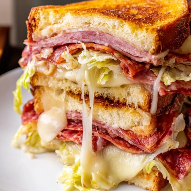Italian Sub Grilled Cheese sandwich on a plate with shredded iceberg lettuce topping, ready to serve for lunch.  