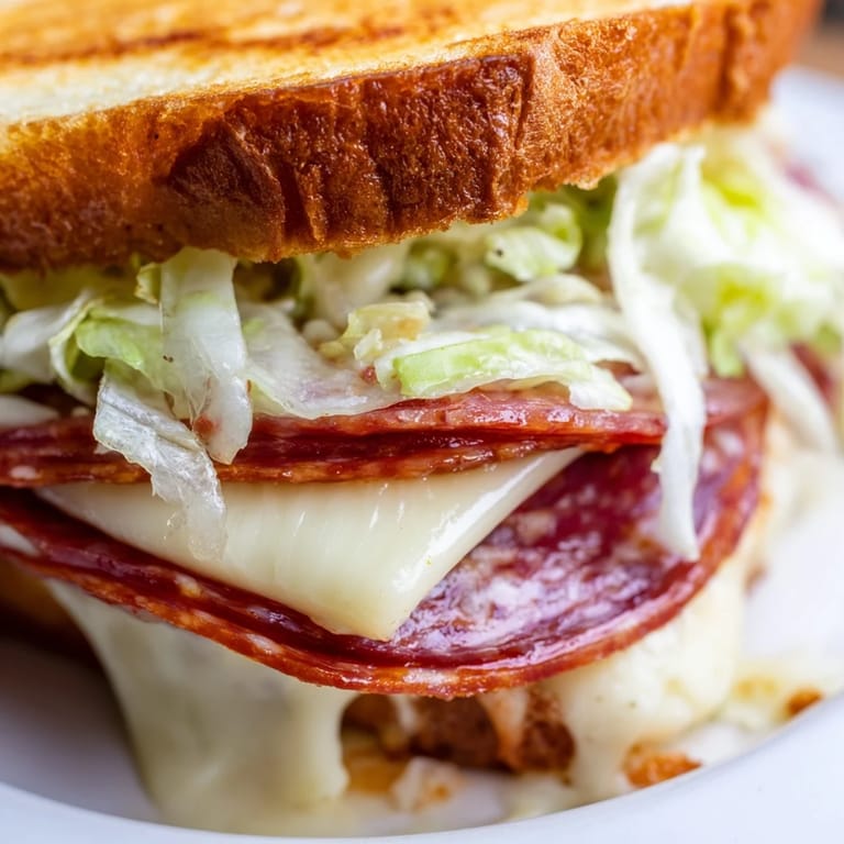 Sizzling Italian Sub Grilled Cheese in a skillet, showing crispy bread and gooey provolone and Italian meats inside.