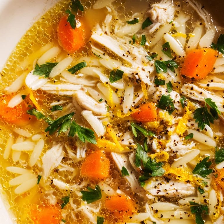 Comforting homemade Lemon Pepper Chicken Orzo Soup in a rustic pot, garnished with black pepper and parsley for a fresh finish.