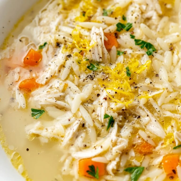 Bright and zesty Lemon Pepper Chicken Orzo Soup with tender shredded chicken, carrots, and orzo pasta in a clear broth.