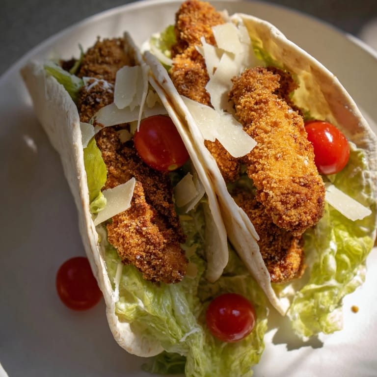 Freshly made Crispy Chicken Caesar Pita, featuring golden chicken, crisp romaine, and creamy dressing served in warm pita.