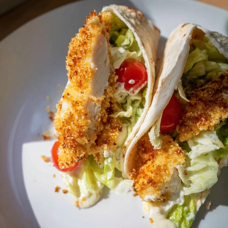 A handheld Crispy Chicken Caesar Pita, showcasing golden air-fried chicken, fresh romaine, and drizzled Caesar dressing.