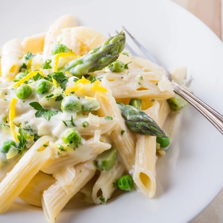 A close-up of the Garlic Parmesan Spring Vegetable Pasta highlights the bright green vegetables and melted Parmesan sauce on al dente penne.  