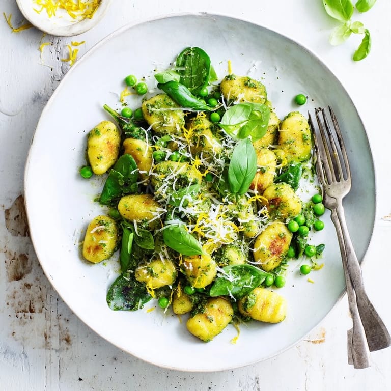 Crispy pan-fried gnocchi tossed with sweet green peas and basil pesto in a skillet.