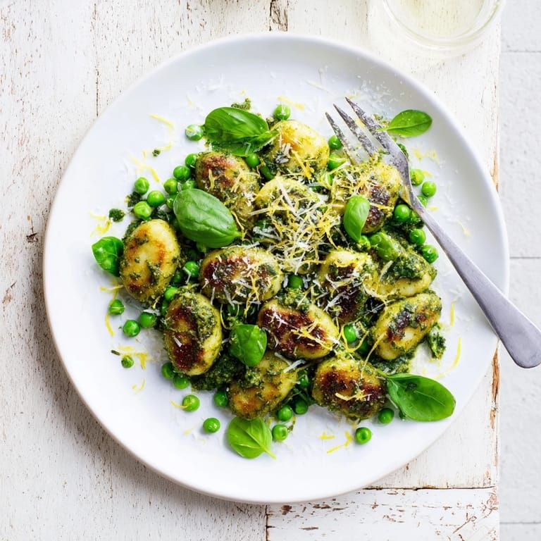 Vegetarian Pesto Pea Gnocchi Skillet garnished with lemon zest, perfect for a weeknight dinner.