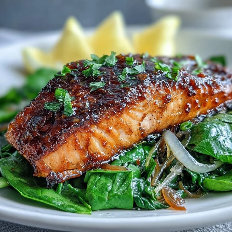 Golden-baked miso salmon sits on a bed of wilted spinach, with a glossy glaze and hints of ginger and soy in this easy Japanese-inspired dish.