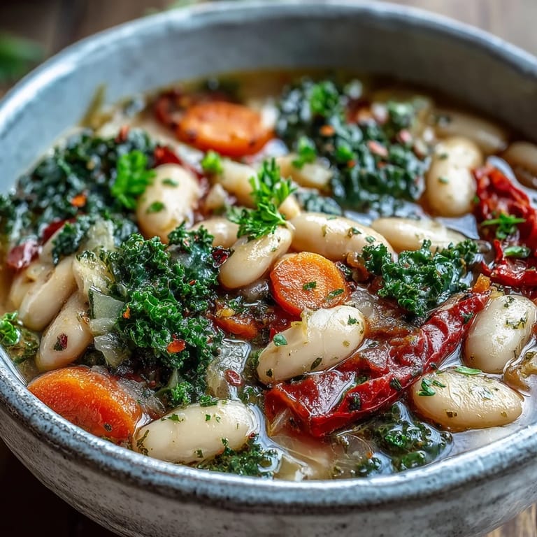 Spoon a serving of Mediterranean White Bean Stew into a rustic bowl with lemon wedges for a bright finish.