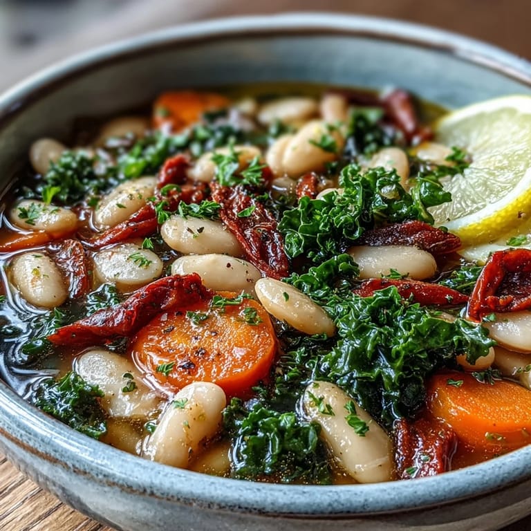 Vibrant Mediterranean White Bean Stew garnished with fresh parsley, carrots, and red bell peppers in a cozy kitchen setting.