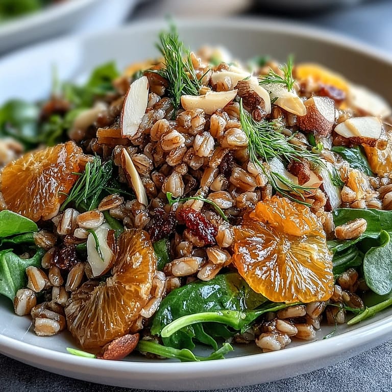 Freshly prepared Farro Salad With Fennel, Oranges, and Almonds in a white ceramic bowl, garnished with bright orange slices and fennel fronds.