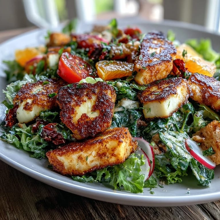 A close-up of vegetarian Halloumi Blood Orange Fattoush salad showcasing warm cheese, vibrant citrus, and crispy bread cubes on a rustic table.  