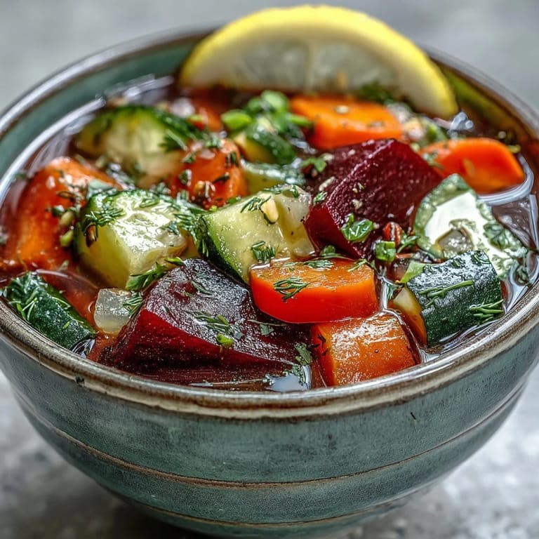 Freshly ladled Rainbow Vegetable Detox Soup garnished with parsley and dill, served beside a slice of rustic bread.