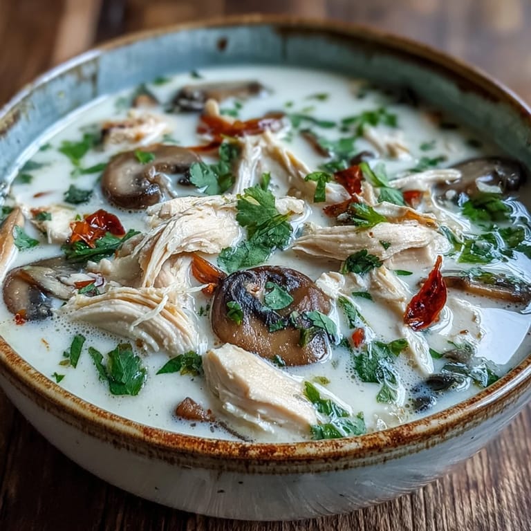 A steaming bowl of Authentic Tom Kha Gai with mushrooms and lime wedges, ready to be enjoyed.