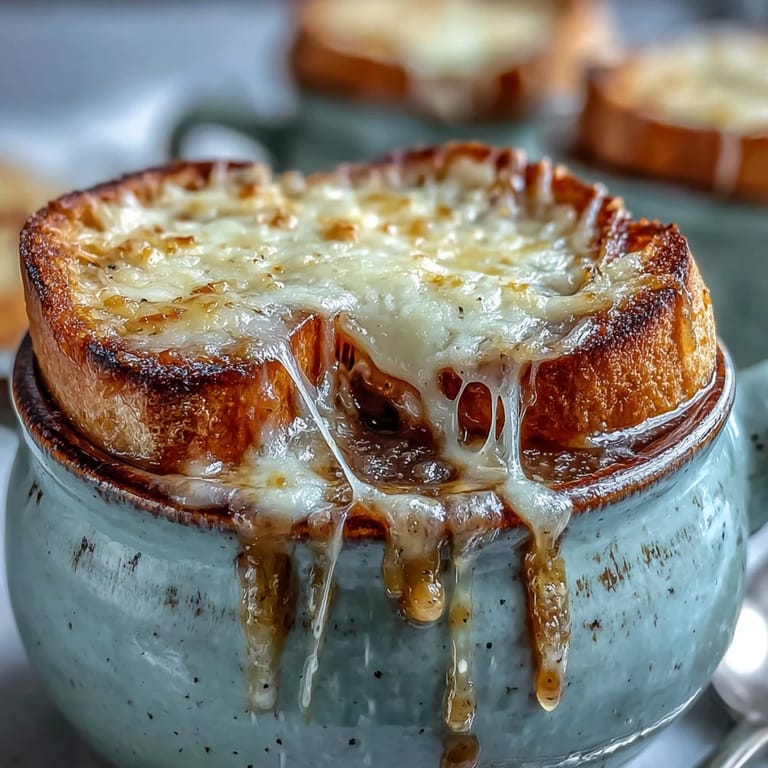 Steaming bowl of French Onion Soup featuring deeply caramelized yellow onions in beef broth, garnished with fresh thyme and melted cheese.
