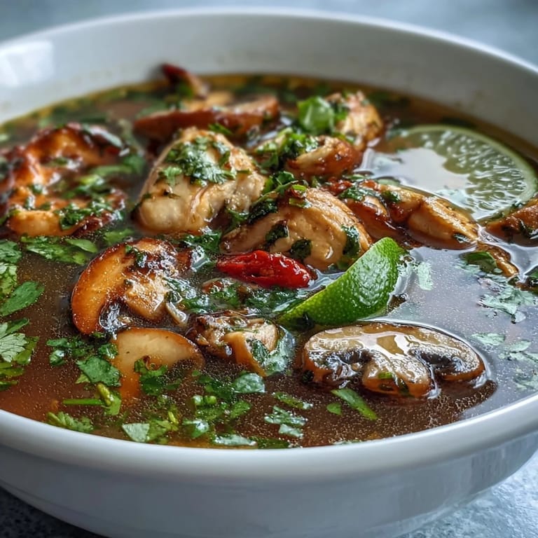 Steam rises from a pot of Tom Yum Chicken soup, garnished with fresh cilantro and spring onions, alongside lime wedges and a bowl of jasmine rice.