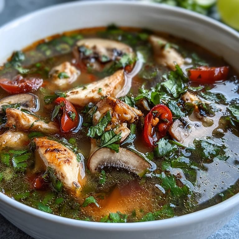 Tom Yum Chicken soup served in a rustic ceramic bowl, with aromatic herbs, sliced chicken, and colorful vegetables reflecting the bright, spicy, and sour Thai flavors.