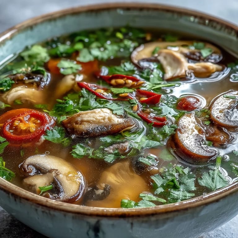 Spicy and sour Tom Yum Gai soup with tender chicken and mushrooms in a rustic pot.