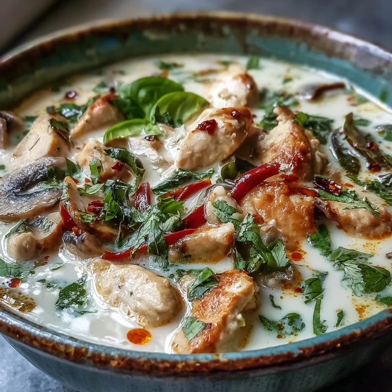 A bowl of steaming Thai Chicken Coconut Curry Soup featuring shiitake mushrooms, snow peas, and aromatic Thai basil garnishes.