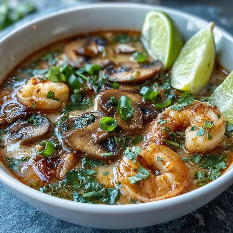 Thai Coconut Shrimp Soup simmering in a pot with coconut milk broth, red curry, mushrooms, and plump pink shrimp.
