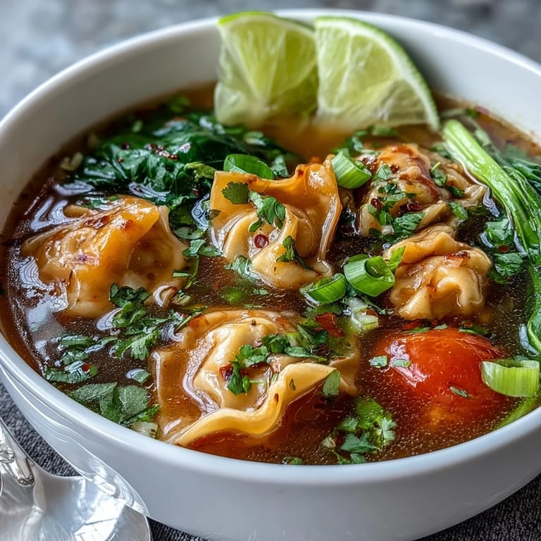Close-up of Tom Yum Wonton Soup featuring pork wontons, sliced chilies, and fresh lime garnish.