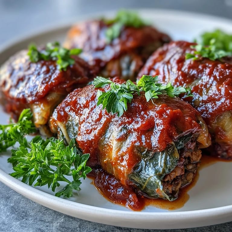 Fork cutting into a hearty Baked Vegan Cabbage Roll revealing a savory filling of lentils and brown rice.