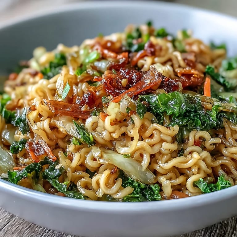 Close-up view of Fried Cabbage Ramen showing crunchy cabbage edges and soy-glazed noodles tossed with garlic and ginger.
