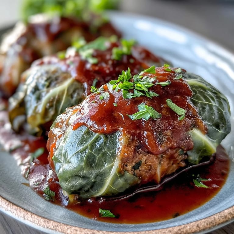 A close-up of golden baked cabbage rolls, generously topped with a hearty tomato sauce and fresh parsley garnish.