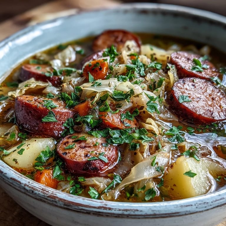 Close-up of Sausage, Potato and Cabbage Soup revealing smoky sausage rounds, soft diced potatoes, and shredded green cabbage simmering in a savory broth.