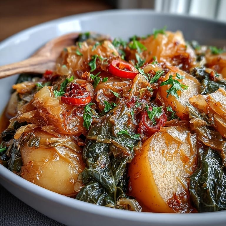 A rustic pot filled with Braised Cabbage With Potatoes and Chili, showcasing buttery cabbage wedges and chunky potatoes with a hint of chili heat.