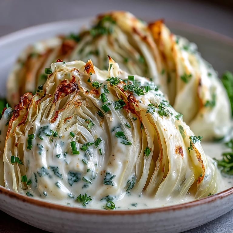 Tender wedges of Herby Cabbage in Parmesan Broth simmering in a wide pot with fresh thyme.