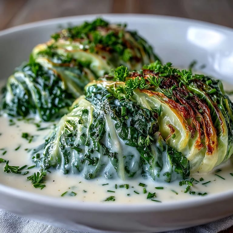 A rustic spoon lifts a cabbage wedge from Herby Cabbage in Parmesan Broth, garnished with chives.