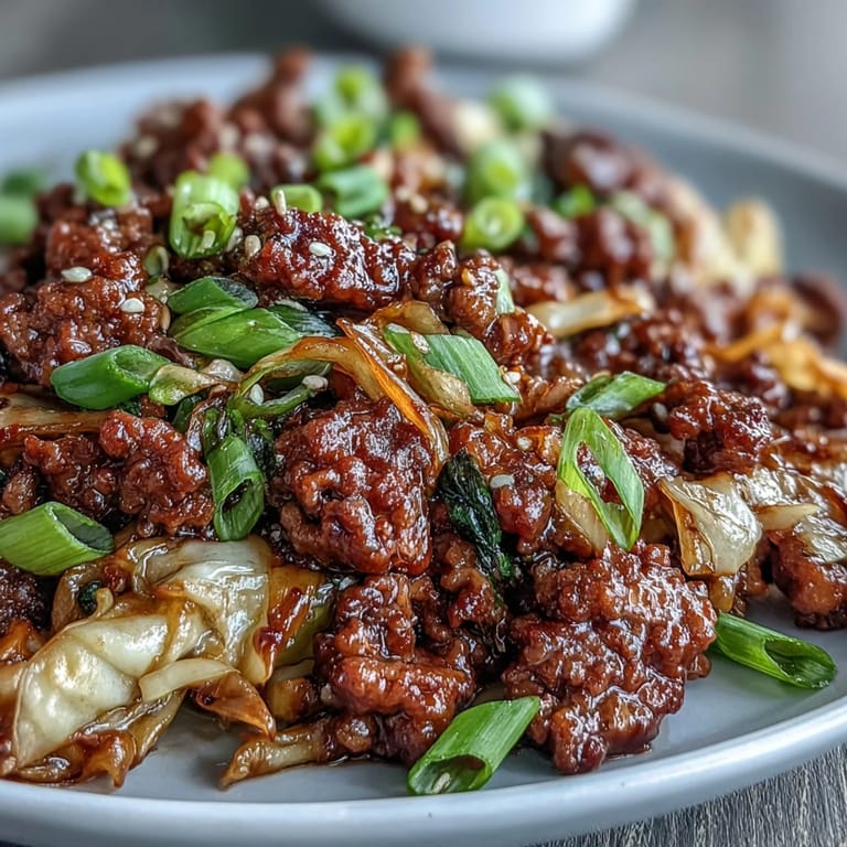 Sizzling pan of savory Chinese Ground Beef and Cabbage Stir-Fry mixed with crisp vegetables and rich sauce.