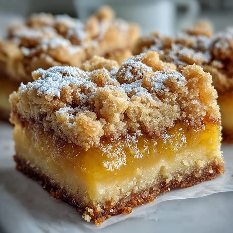 Lemon crumb bars stacked on a white plate with a cup of tea, perfect for afternoon dessert or brunch.