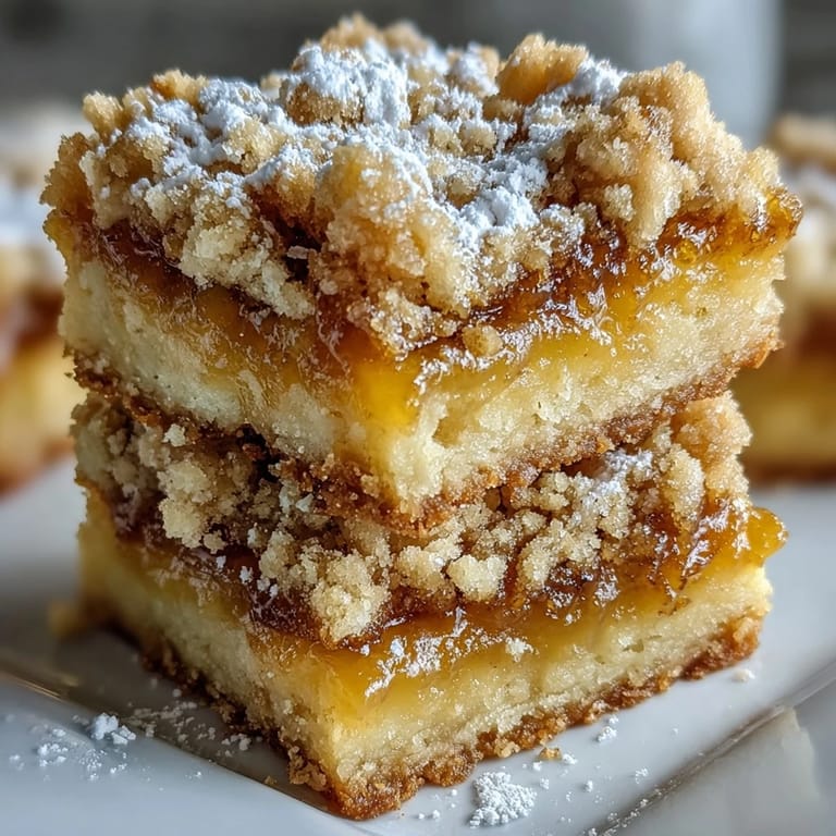 Homemade Lemon Crumb Bars with powdered sugar dusting, featuring gooey lemon filling and buttery crumb texture in square slices.