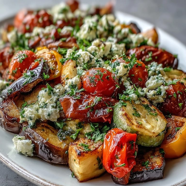 Colorful medley of eggplant, zucchini, bell peppers, and tomatoes seasoned with oregano and lemon.