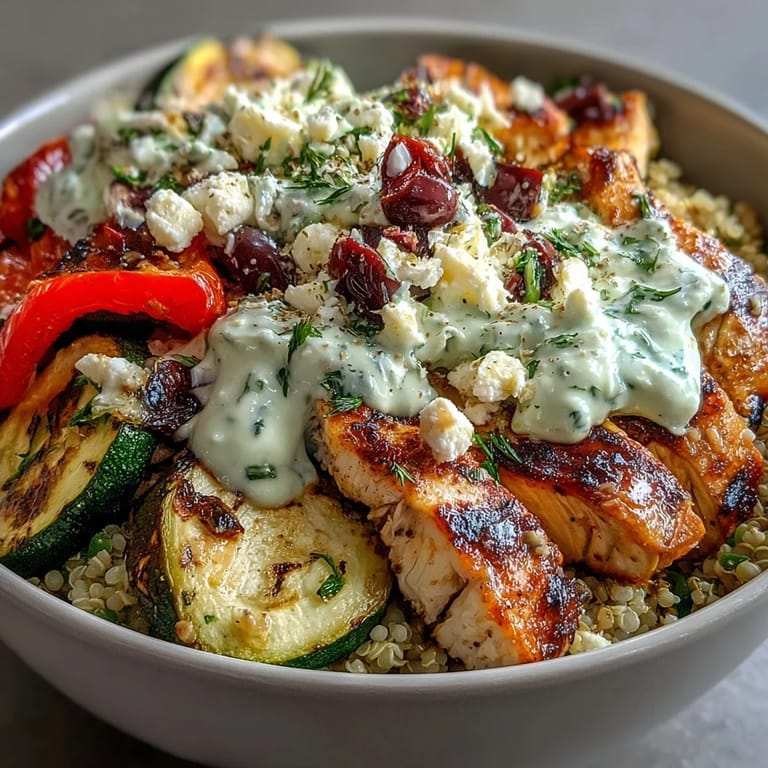 Close-up of a Healthy Grilled Mediterranean Bowl with quinoa base, smoky vegetables, diced cucumber, and a generous drizzle of cool, garlicky tzatziki sauce.