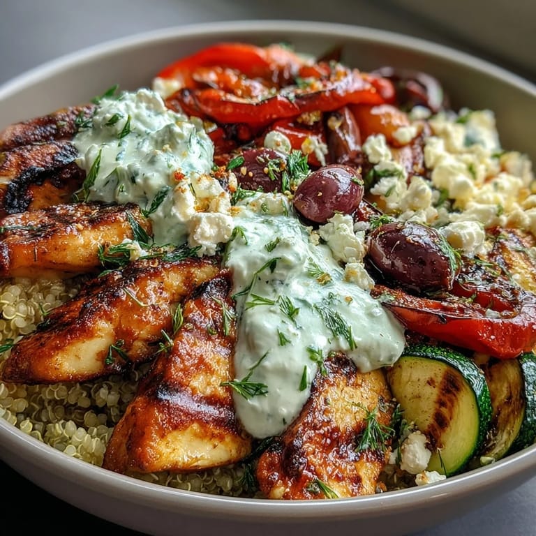 A vibrant, wholesome Mediterranean bowl features charred vegetables, tender halloumi, and briny olives, ready for a satisfying gluten-free dinner topped with fresh herbs.