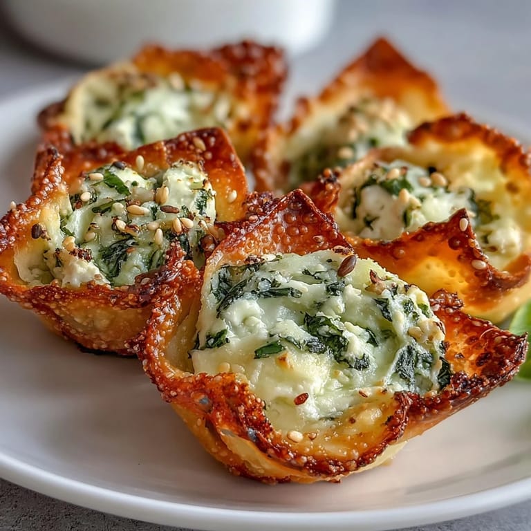 Close-up of warm Mediterranean Spinach and Feta Cheese Crisps featuring wilted spinach and crumbled feta in crunchy shells. 