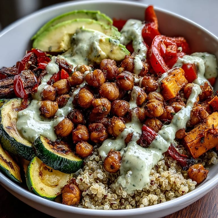 A finished Chickpea Power Bowl features fluffy quinoa, avocado slices, and crunchy pumpkin seeds for a nourishing meal.