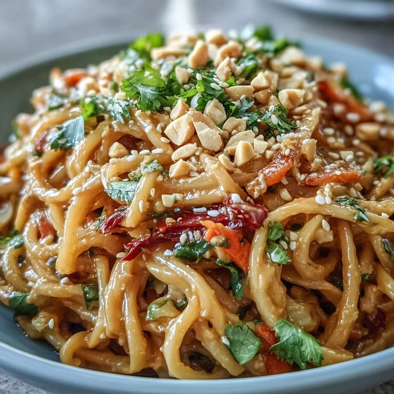 Tossed Asian Peanut Noodle Bowl featuring tender rice noodles, shredded cabbage, carrots, and bell peppers drizzled with savory-sweet peanut sauce.