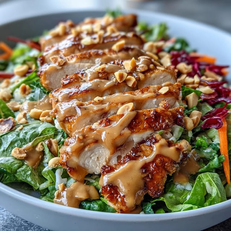 A drizzle of creamy peanut sauce covers the hearty grains and tender chicken, garnished with chopped roasted peanuts and fresh cilantro for a flavorful meal.